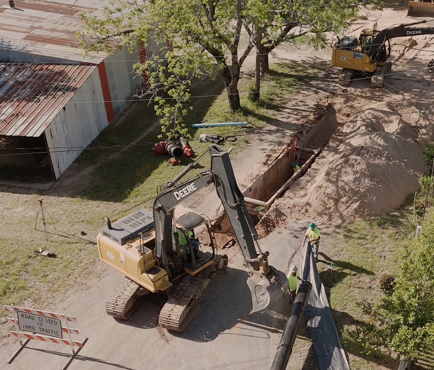 Crews constructing a water line