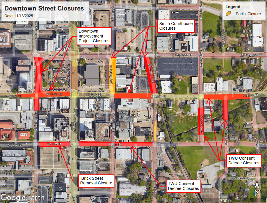 Downtown Street Closures as of Nov. 13, 2025